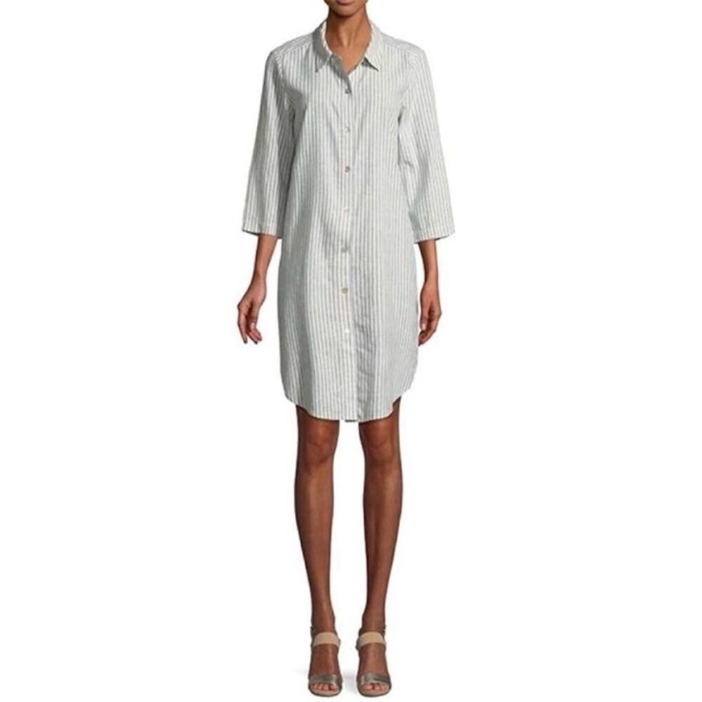 Eileen Fisher Chambray Hemp Striped
Shirt Dress‎ Tunic Sz M blue white
